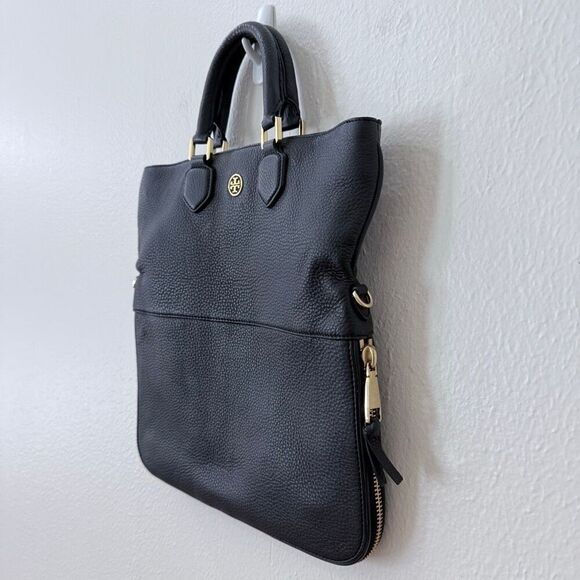 Tory Burch Fleming Two Way Pebbled Black Leather Shoulder Bag Purse Gold Hardwar - Picture 6 of 11